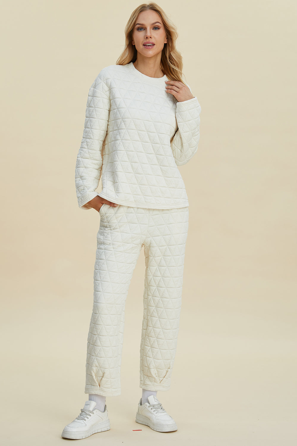 Texture Round Neck Long Sleeve Top and Pants Set - Double Take - Two Piece Outfits