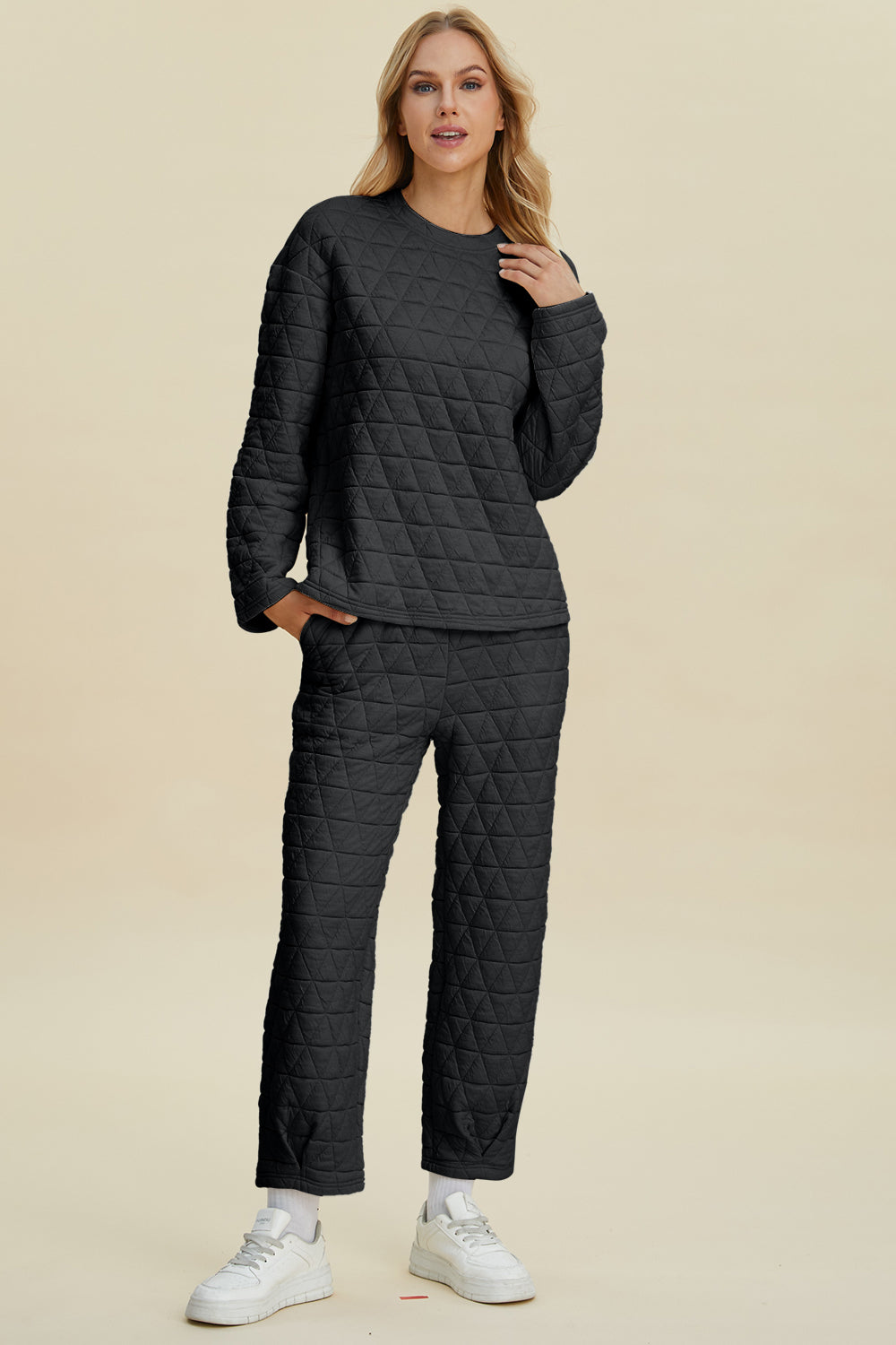 Texture Round Neck Long Sleeve Top and Pants Set - Double Take - Two Piece Outfits