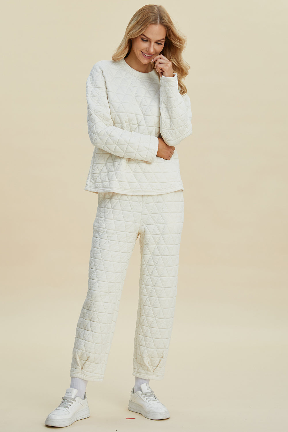 Texture Round Neck Long Sleeve Top and Pants Set - Double Take - Two Piece Outfits