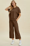 Texture Round Neck Top and Pants Set - Double Take - Brown / S - Two Piece Outfits