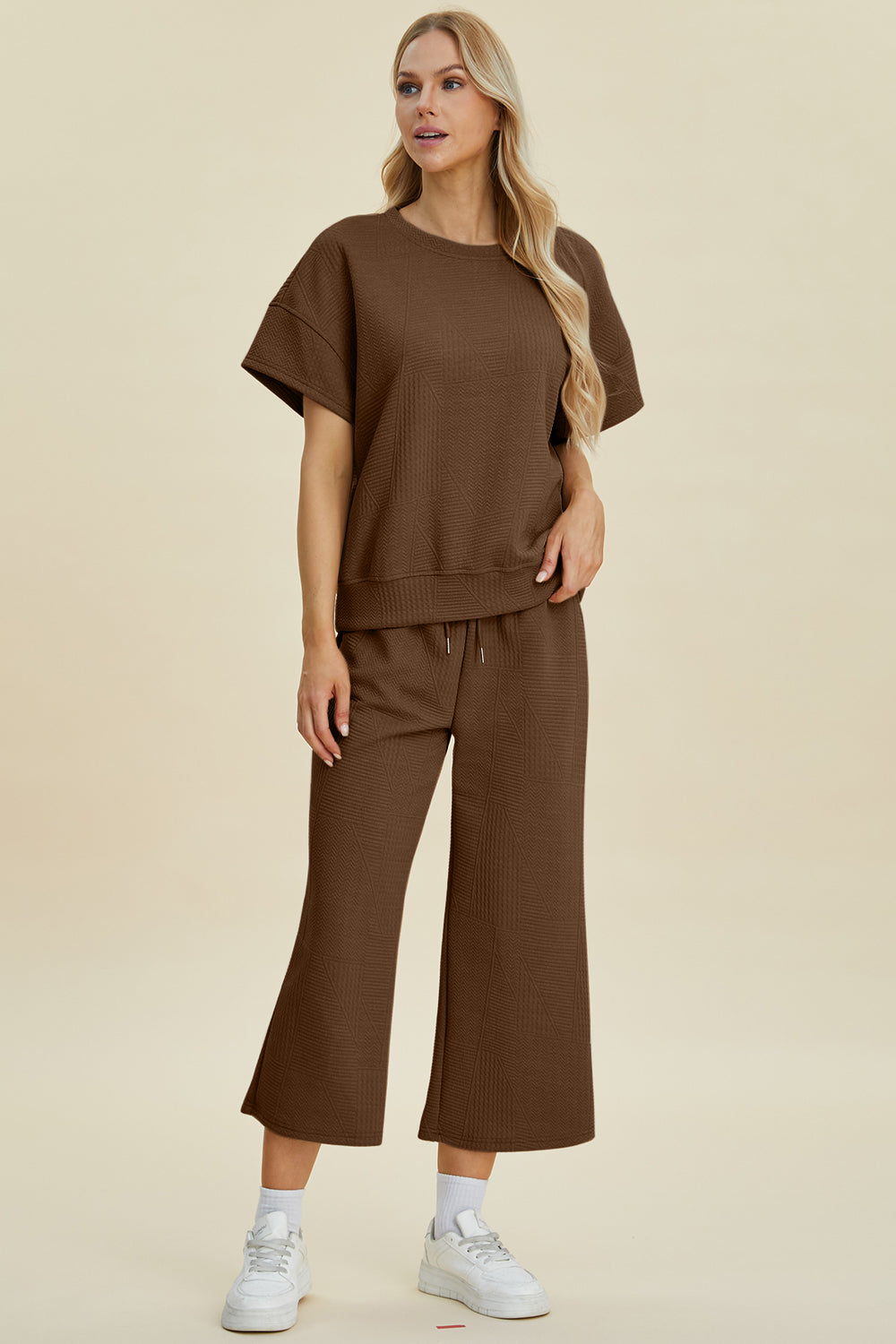 Texture Round Neck Top and Pants Set - Double Take - Two Piece Outfits