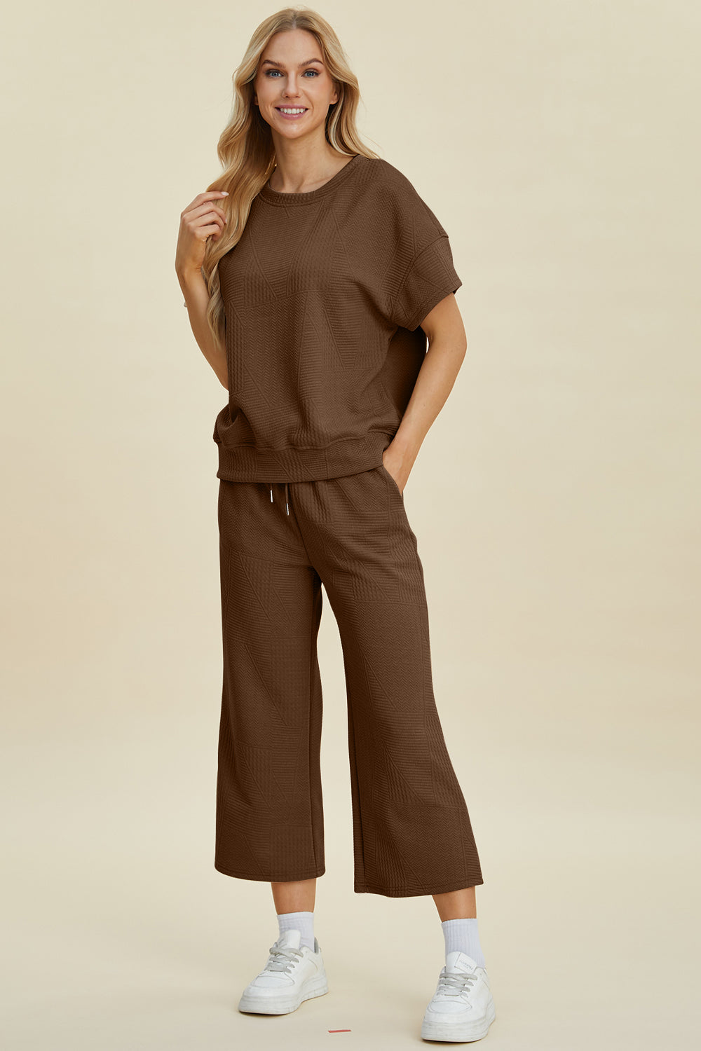 Texture Round Neck Top and Pants Set - Double Take - Two Piece Outfits