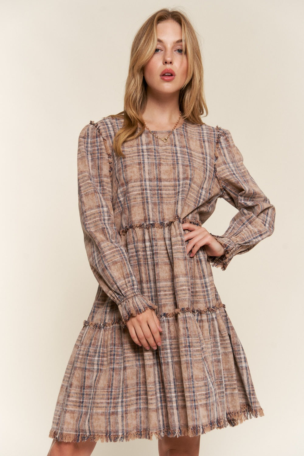 Washed Frayed Tiered Plaid Dress - And The Why - dress