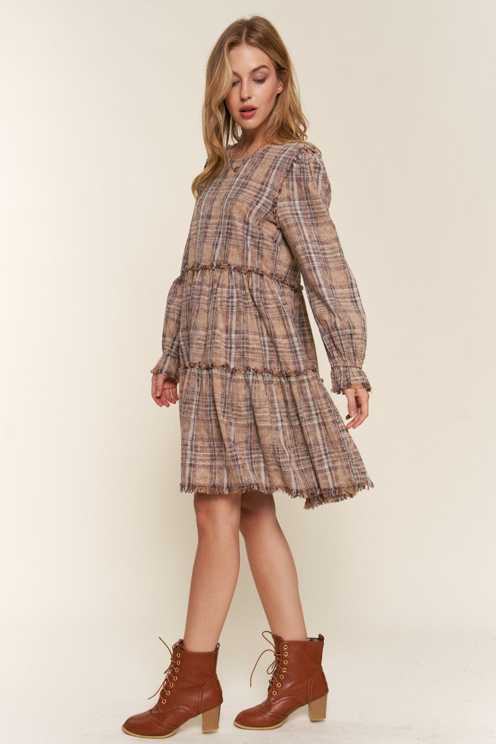 Washed Frayed Tiered Plaid Dress - And The Why - dress