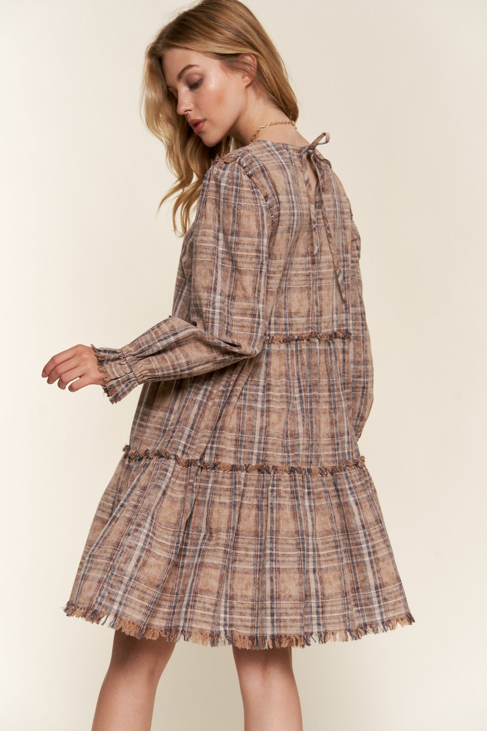 Washed Frayed Tiered Plaid Dress - And The Why - dress