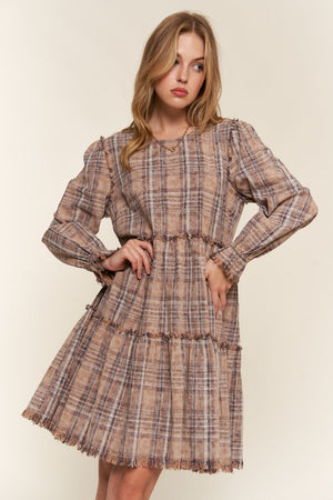 Washed Frayed Tiered Plaid Dress - And The Why - Brown / S - dress