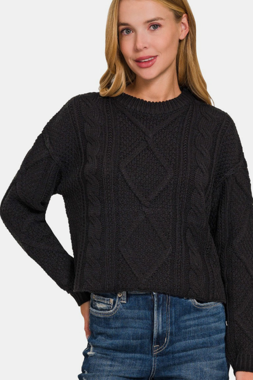 Zenana Cropped High Low Cable Sweater with Side Slits - Black / S