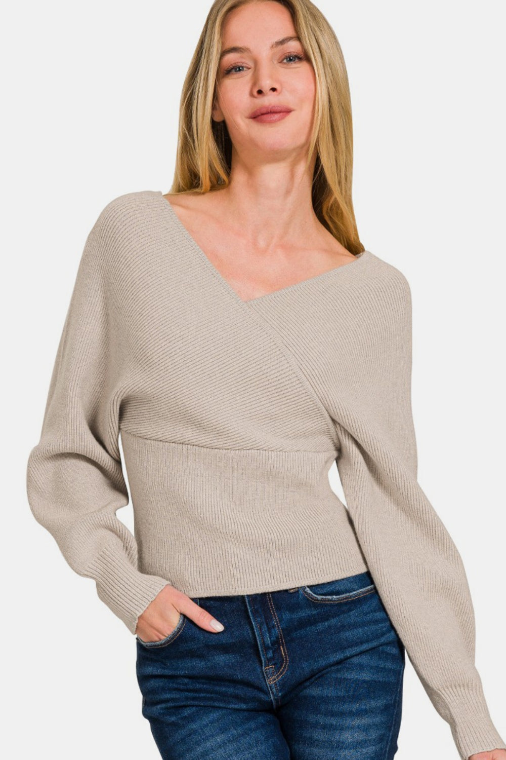 Zenana Cross Wrap Rib Long Sleeve Sweater - H Mocha / S